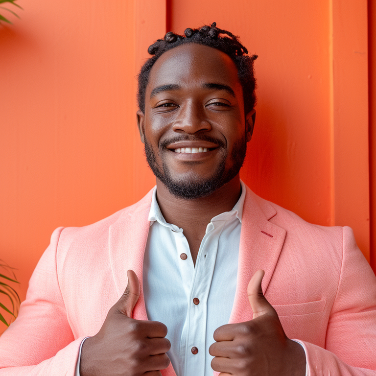 A man in a pink blazer and white shirt smiles and gives two thumbs up in front of an orange wall.