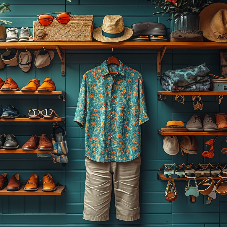 A well-organized wardrobe with a short pants walking suit consisting of tropical shirt and shorts, surrounded by various shoes, hats, and accessories.