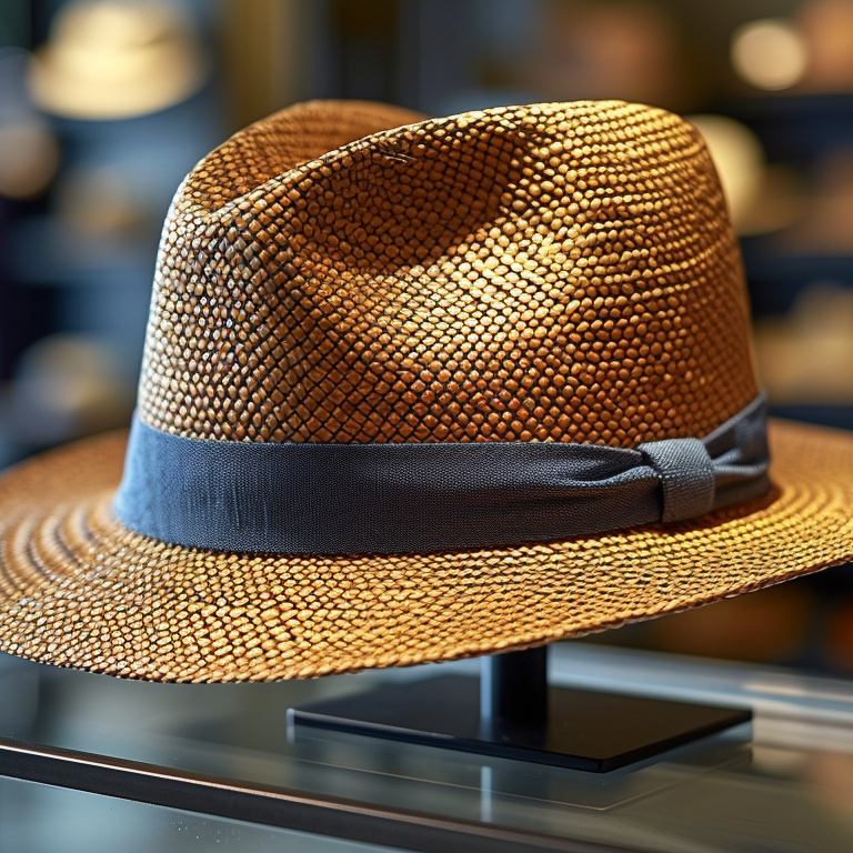 A straw fedora with a gray ribbon displayed on a glass stand in a hat shop.
