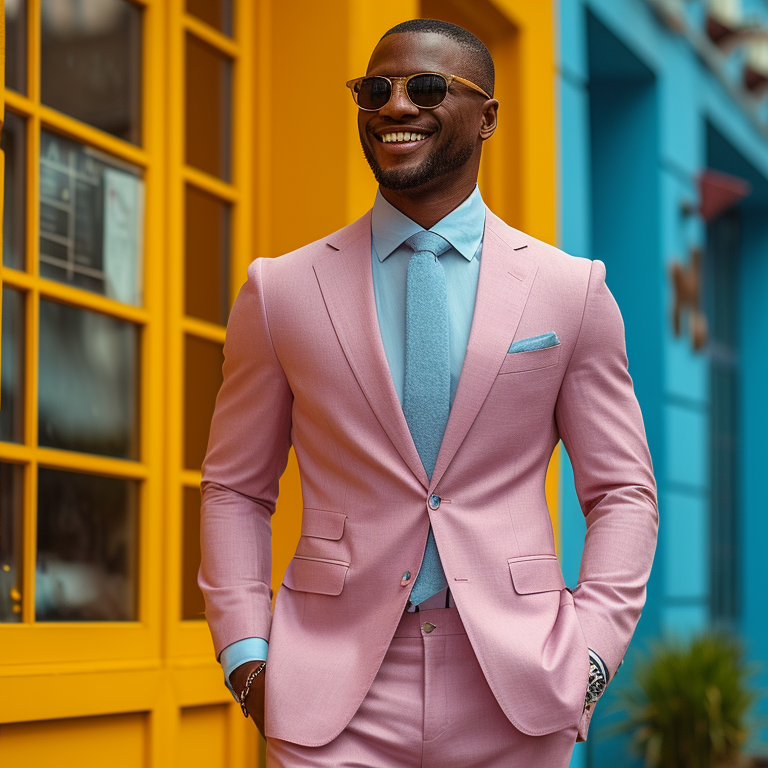 a man on a sunny day wearing a pink suit.
