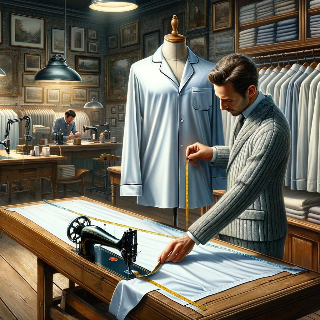 a man in a clothes factory measuring a walking suit.
