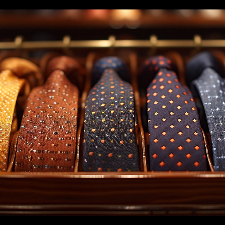 A collection of neckties featuring different designs and colors, predominantly blue, orange, and brown, hanging neatly on a wooden rack.