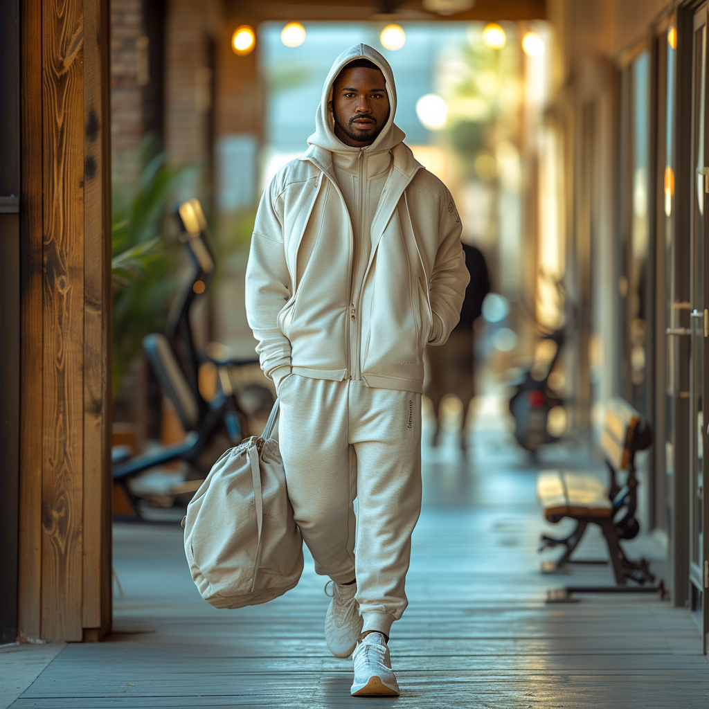 a man walking from a gym wearing a cream tracksuit. he is carrying a gym bag.