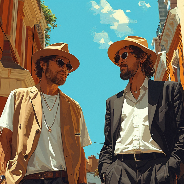 Two fashionable men, one in a beige outfit and the other in black, both wearing hats and sunglasses, walk down a bright, sunlit street lined with charming buildings