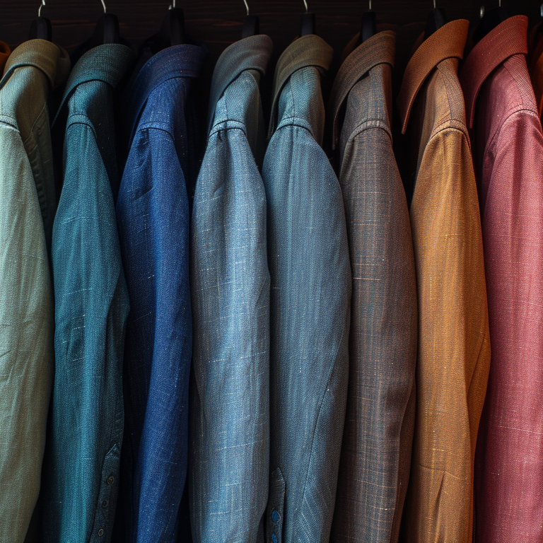 Some hanged walking suits in a variety of colors.