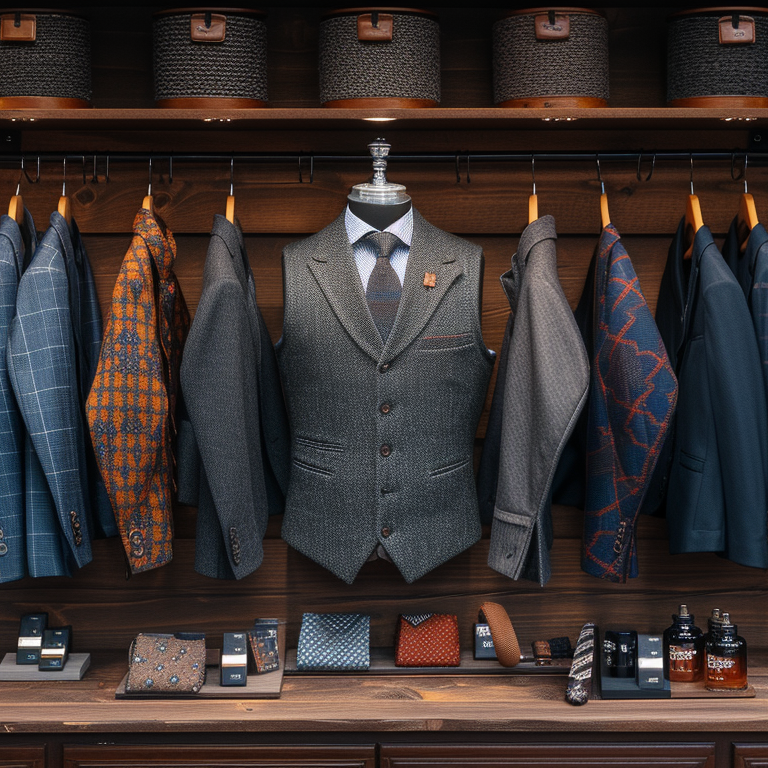 A neatly arranged closet showcasing a variety of suits, jackets, shirts, ties, and other accessories, with a central mannequin dressed in a grey vest and tie.
