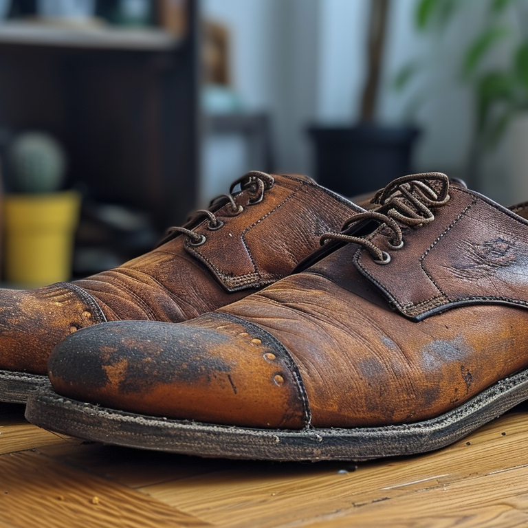 a pair of leather shoes in bad condition.