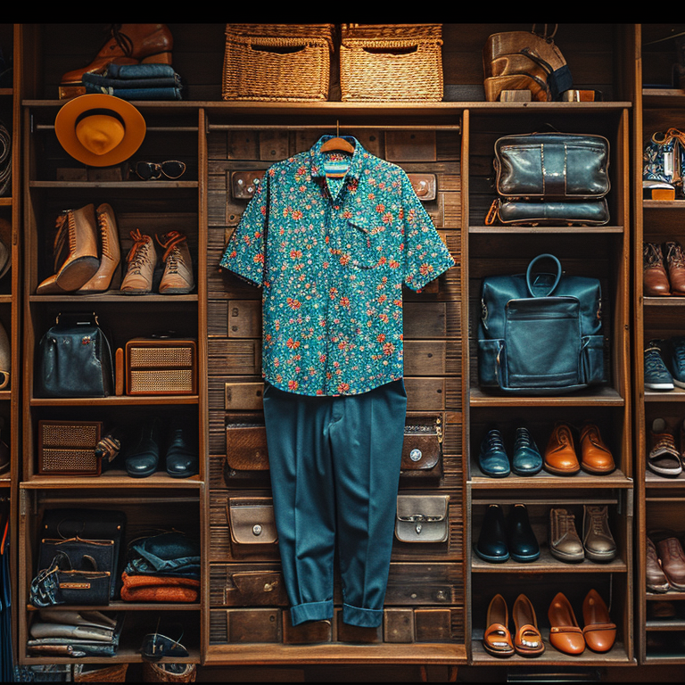 An organized closet with a walking suit consisting of a floral shirt and blue pants hanging in the middle, surrounded by shelves filled with shoes, hats, bags, and other clothing items.