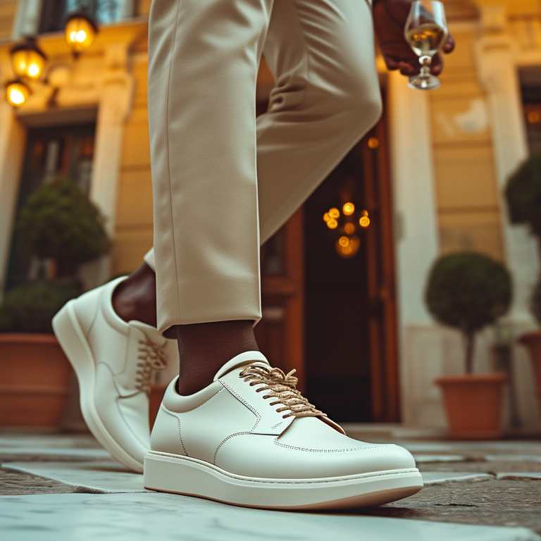 Close-up of a person walking on a tiled floor, wearing white sneakers and beige pants. The background shows a stylish building with warm lighting and potted plants.