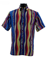 Men’s Blue and Yellow Multicolor Wavy Stripe Short Sleeve Shirt