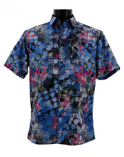 Men’s Blue Circle Print Short Sleeve Button-Up Shirt
