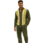 Olive Hidden Placket Knit Sweater Jacket Vertical Pattern Regular Fit
