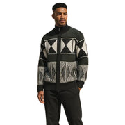 Men's Black Geometric Knit Zip Sweater with Suede Patches