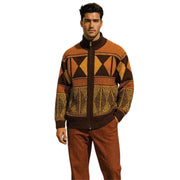 Men's Brown Geometric Knit Zip Sweater with Suede Patches