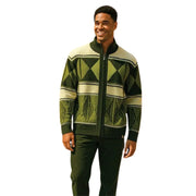 Men's Olive Green Geometric Knit Zip Sweater with Suede Patches
