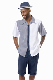 Navy Houndstooth Vertical Walking Suit 2 Piece SHORTS SET 72211