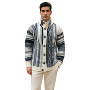 Men's Cream Wool Blend Button-Up Sweater with Stand Collar