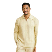 Men's Solid Cream Wool Blend Zip Collar Sweater