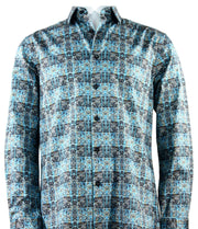 Men's Turquoise Printed Long Sleeve Button-Up Cotton Shirt