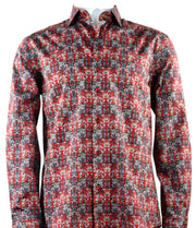 Men's Red Printed Long Sleeve Button-Up Cotton Shirt