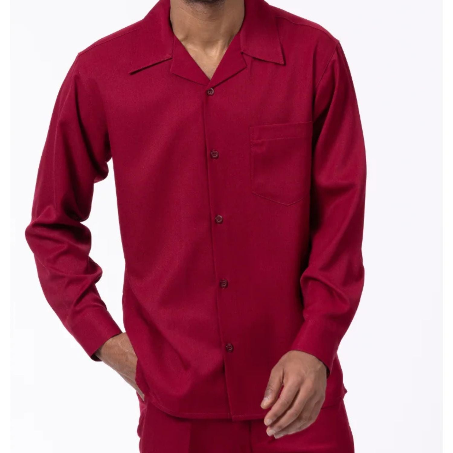burgundy polyester long sleeve walking suit shirt and trousers set