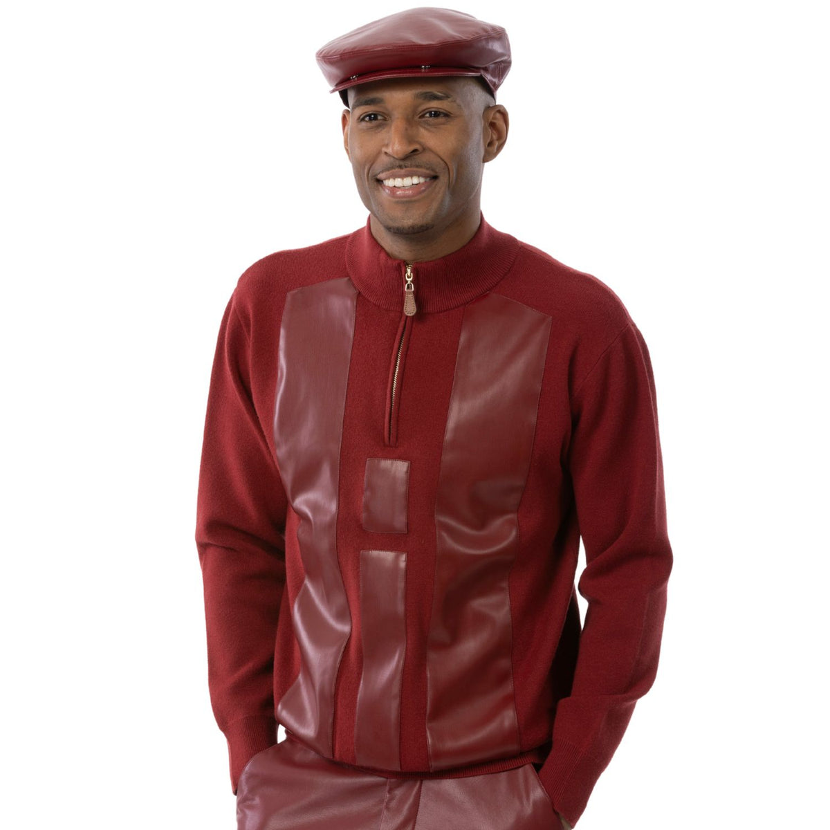 Montique SW-104 Burgundy men's quarter-zip sweater with faux leather front panels