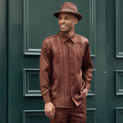 Brown Vertical Stripe Long Sleeve 2-Piece Walking Suit by Montique