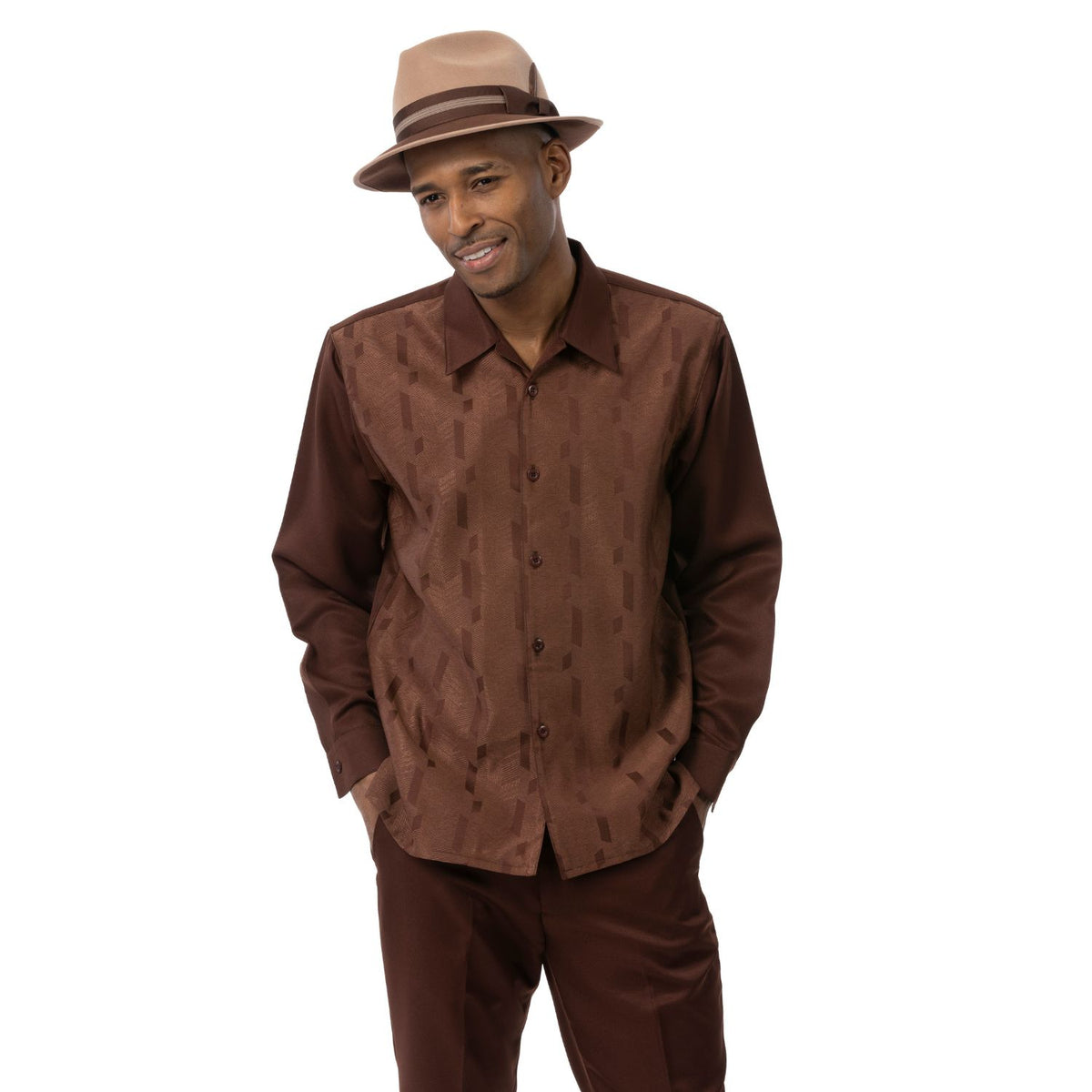 Model wearing the brown geometric long-sleeve shirt and matching pants by Montique