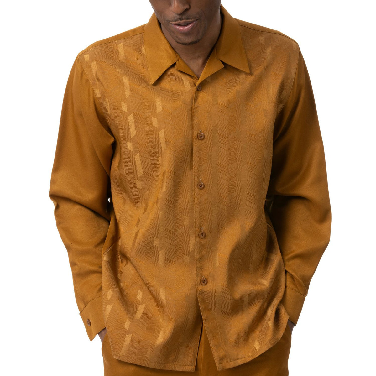 Gold geometric shirt front, collar and cuff detail by Montique