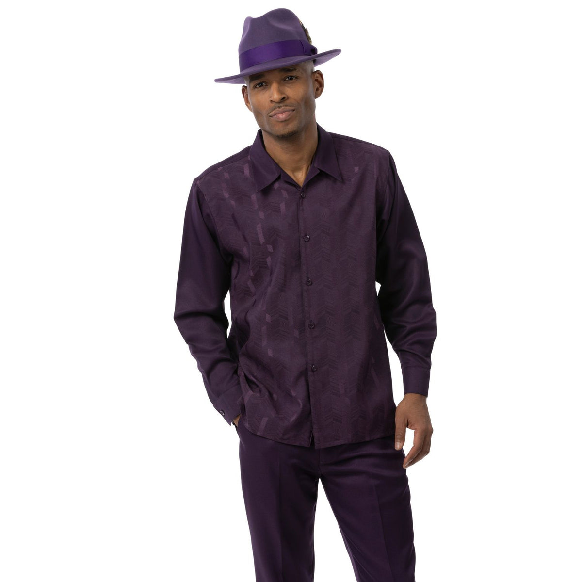 Model wearing the grape geometric long-sleeve shirt and matching pants by Montique