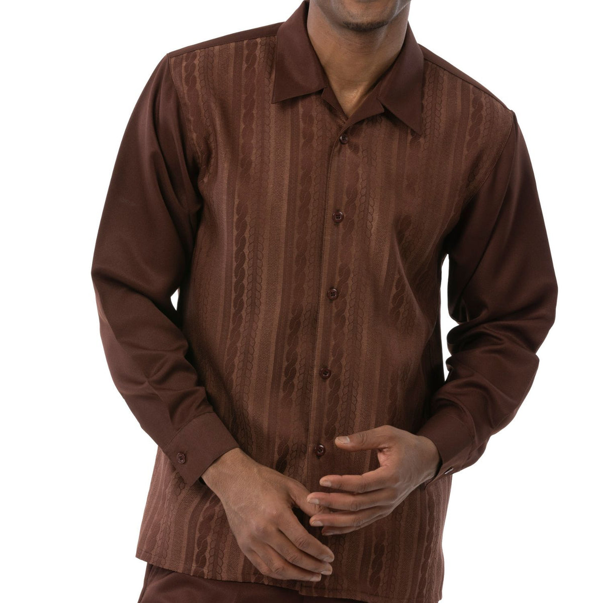 Brown textured stripe shirt front, collar and cuff detail by Montique