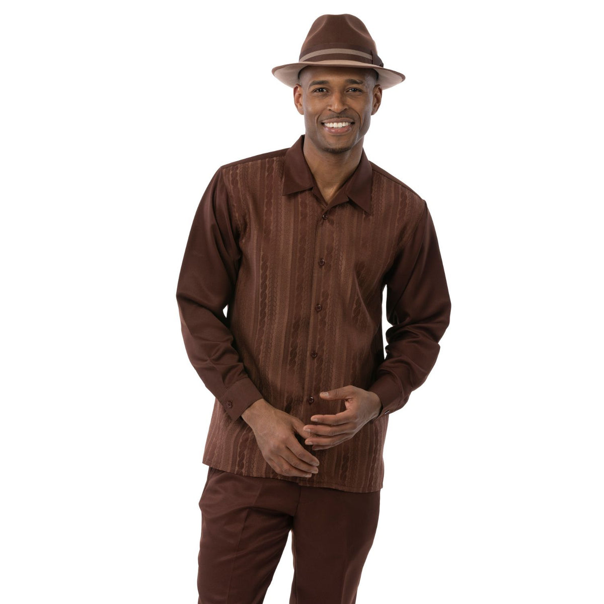 Model wearing the brown textured stripe long-sleeve shirt and matching pants by Montique