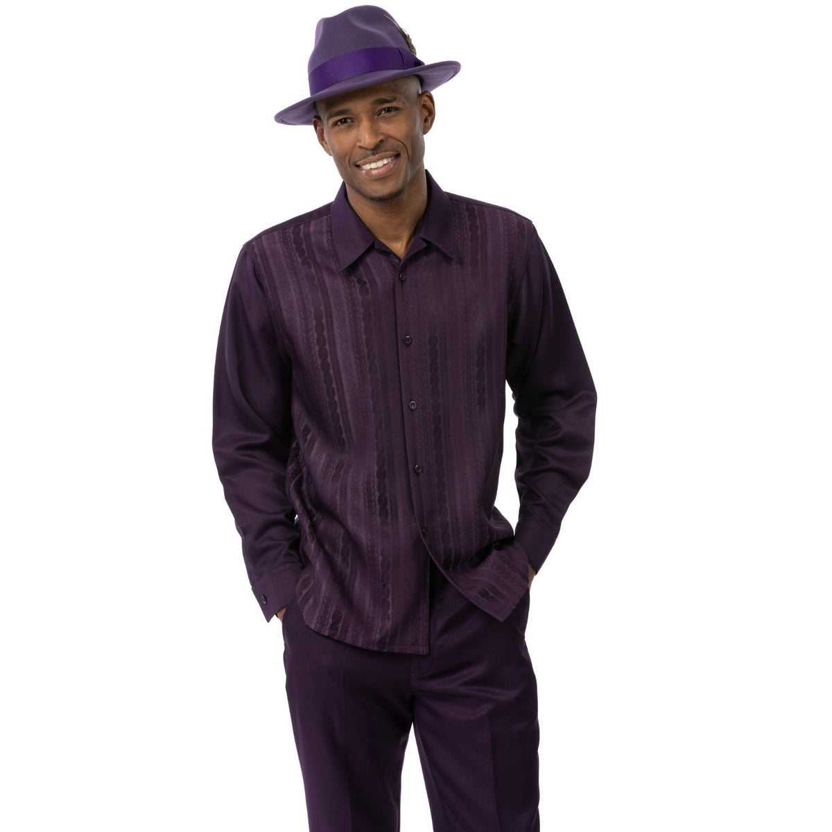 Model wearing the grape textured stripe long-sleeve shirt and matching pants by Montique