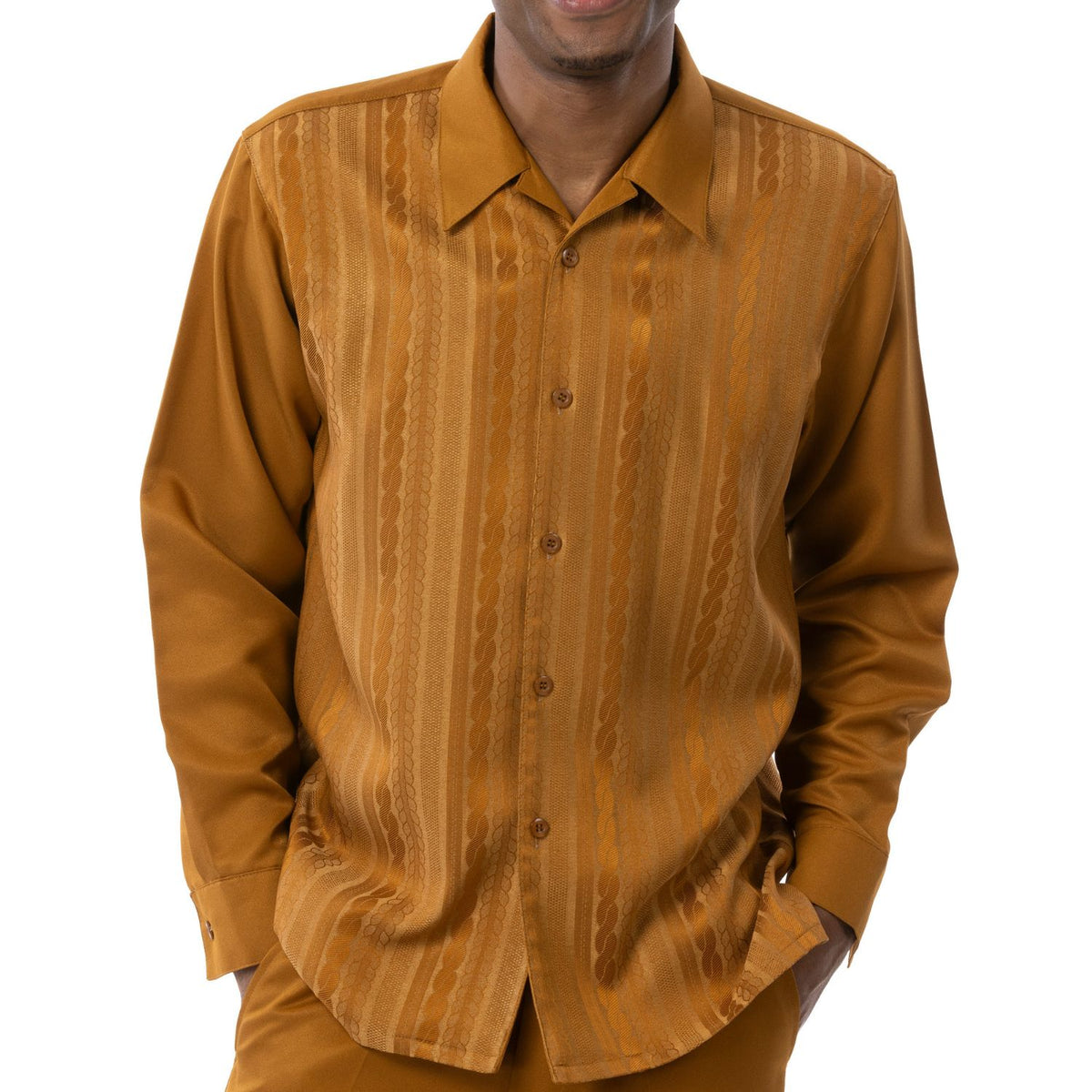 Gold textured stripe shirt front, collar and cuff detail by Montique