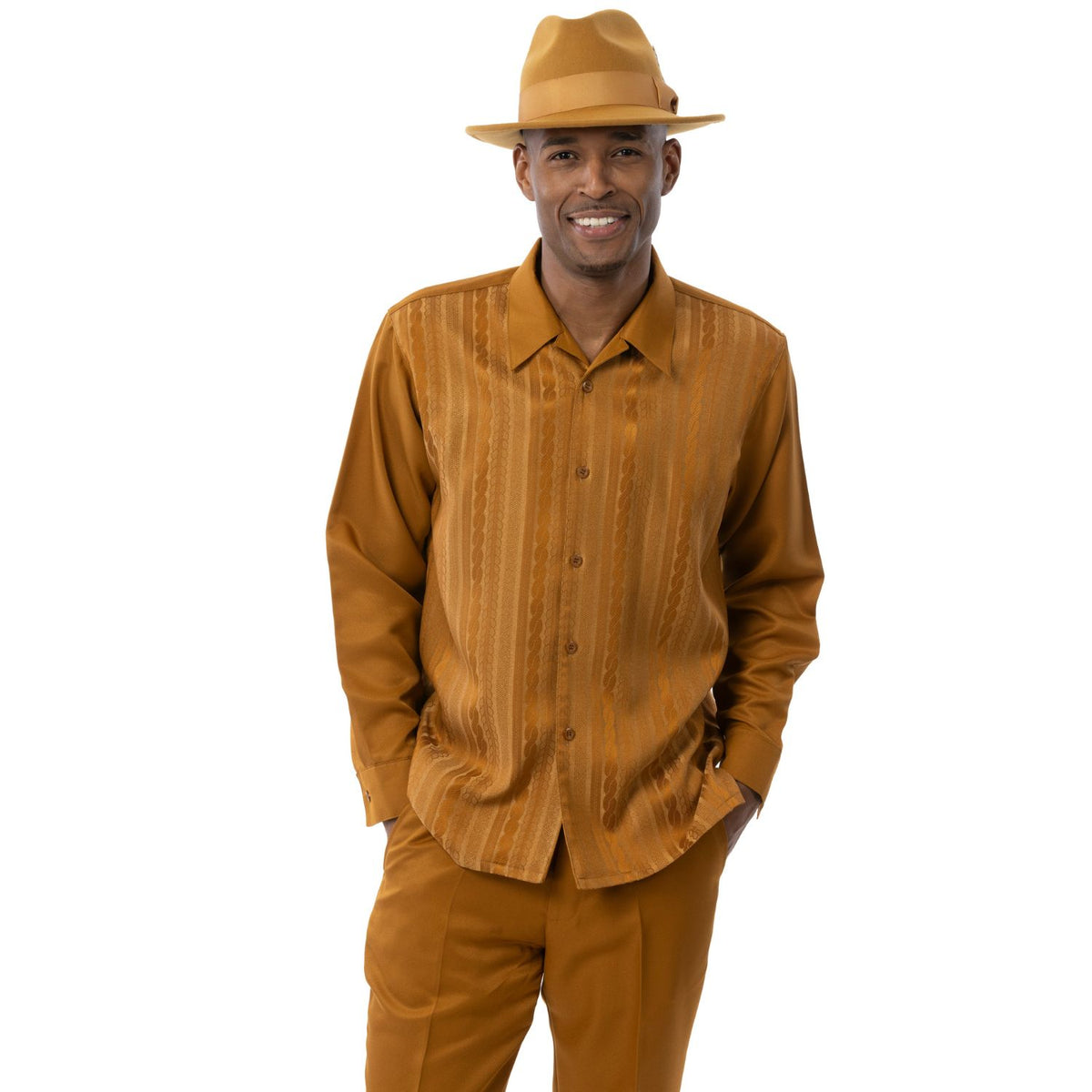 Model wearing the gold textured stripe long-sleeve shirt and matching pants by Montique
