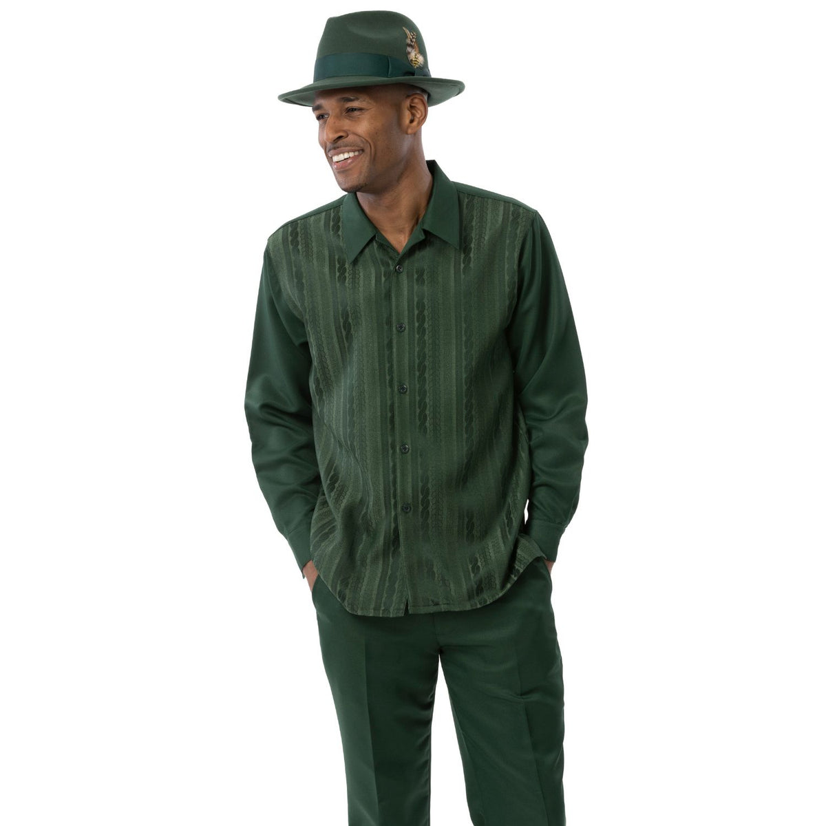 Model wearing the hunter textured stripe long-sleeve shirt and matching pants by Montique
