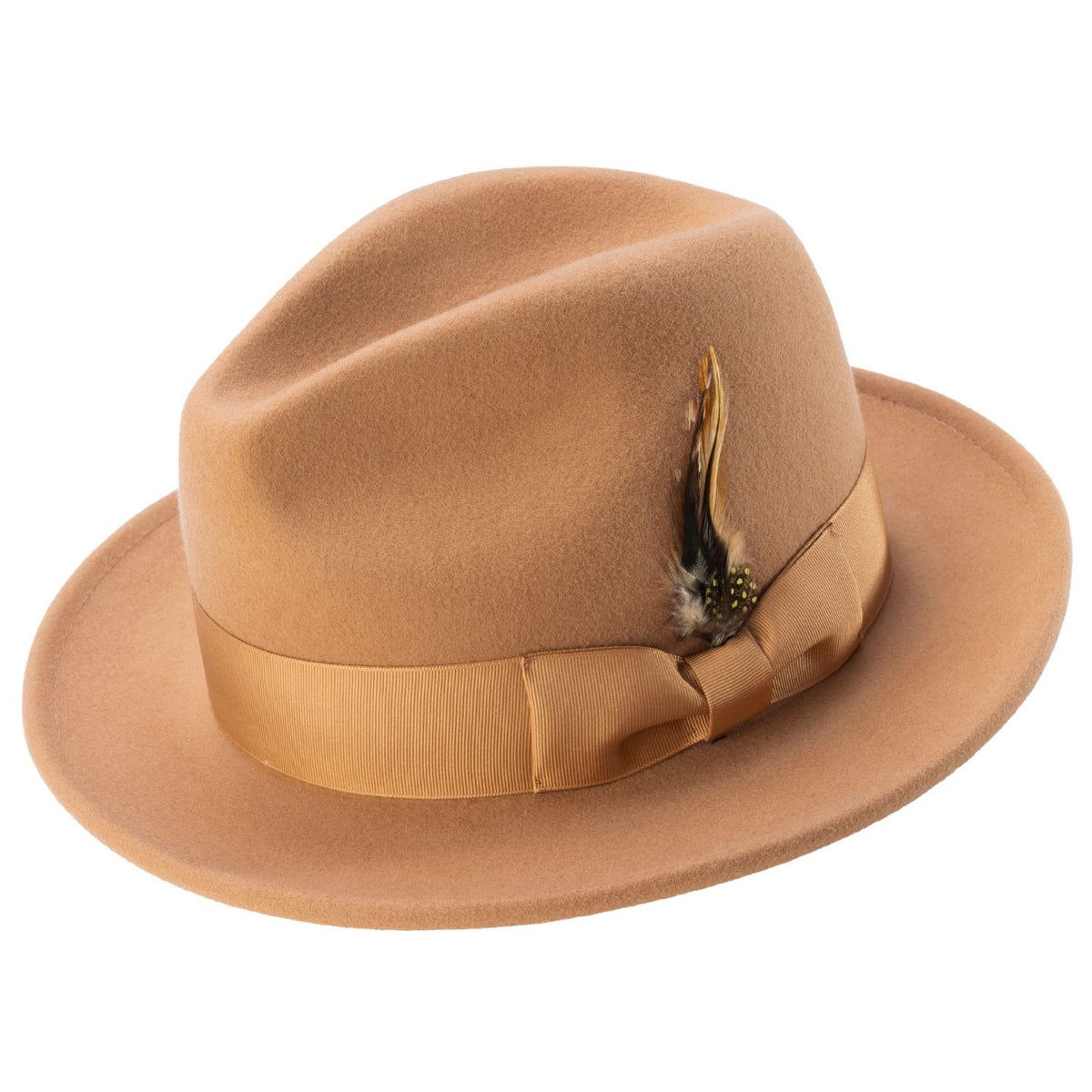 Camel Lightfelt wool felt pinch crown fedora hat by Montique
