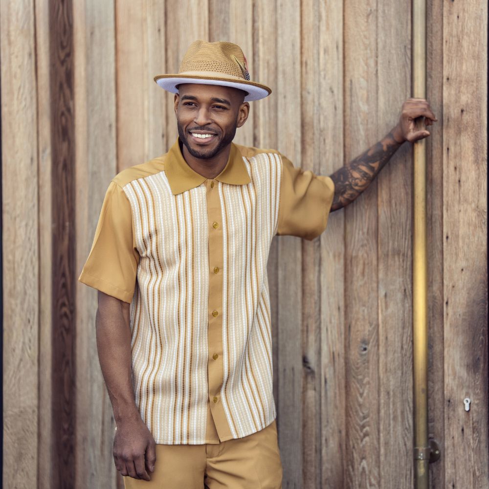 Mustard polyester men's walking suit short sleeve 2-piece set with mustard and white woven vertical stripe panel.