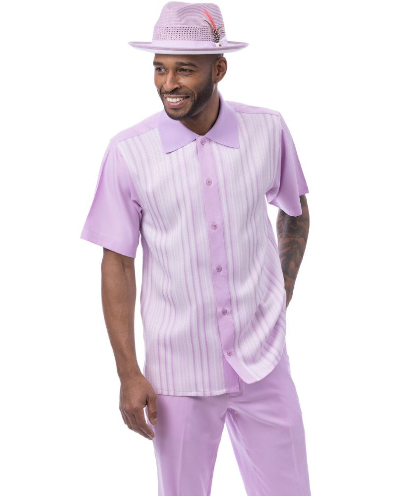 Lavender polyester men's walking suit short sleeve 2-piece set with lavender and white woven vertical stripe panel.