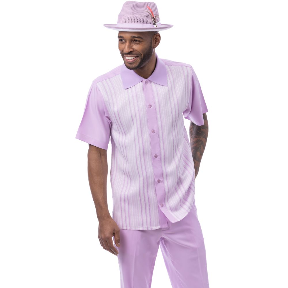 Lavender polyester men's walking suit short sleeve 2-piece set with lavender and white woven vertical stripe panel.