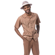 Mocha Tone-on-Tone Jacquard Short Sleeve Walking Suit by Montique