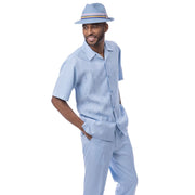 Sky Blue Tone-on-Tone Jacquard Short Sleeve Walking Suit by Montique