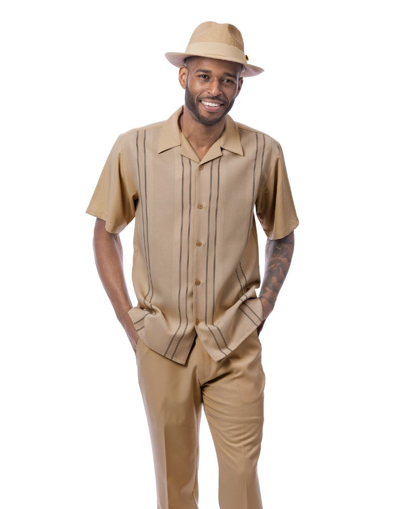 Beige textured vertical line panel men's walking suit short sleeve 2-piece set with matching pants