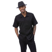 Black Linen Feel Short Sleeve Walking Suit Set by Montique