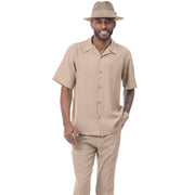 Beige Linen Feel Short Sleeve Walking Suit Set by Montique
