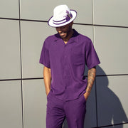 Purple Solid Short Sleeve Walking Suit Set - Classic Fit