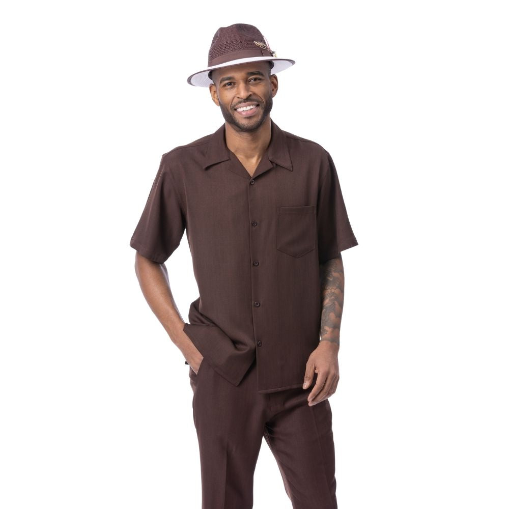 Brown solid men's walking suit short sleeve 2-piece set with matching pants