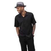 Black Solid Short Sleeve Walking Suit Set - Classic Fit