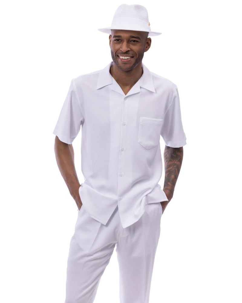 White solid men's walking suit short sleeve 2-piece set with matching pants and hat