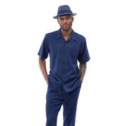 Navy Solid Short Sleeve Walking Suit Set - Classic Fit